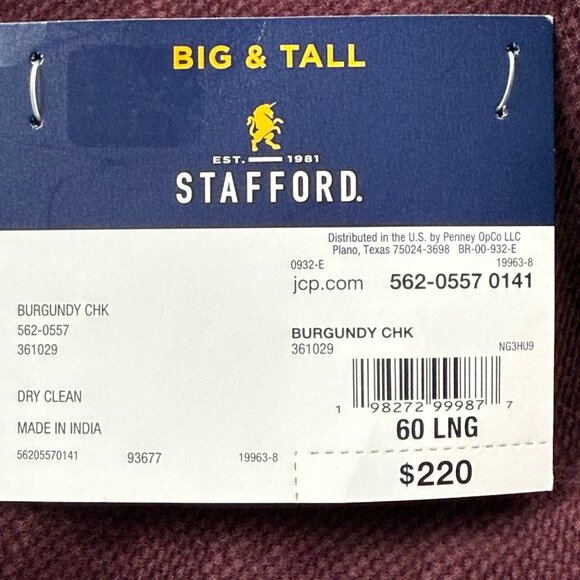 Stafford Men's Burgundy Check Corduroy Sport Coat Big/Tall Size 60L NWT $220.00 - Picture 7 of 12
